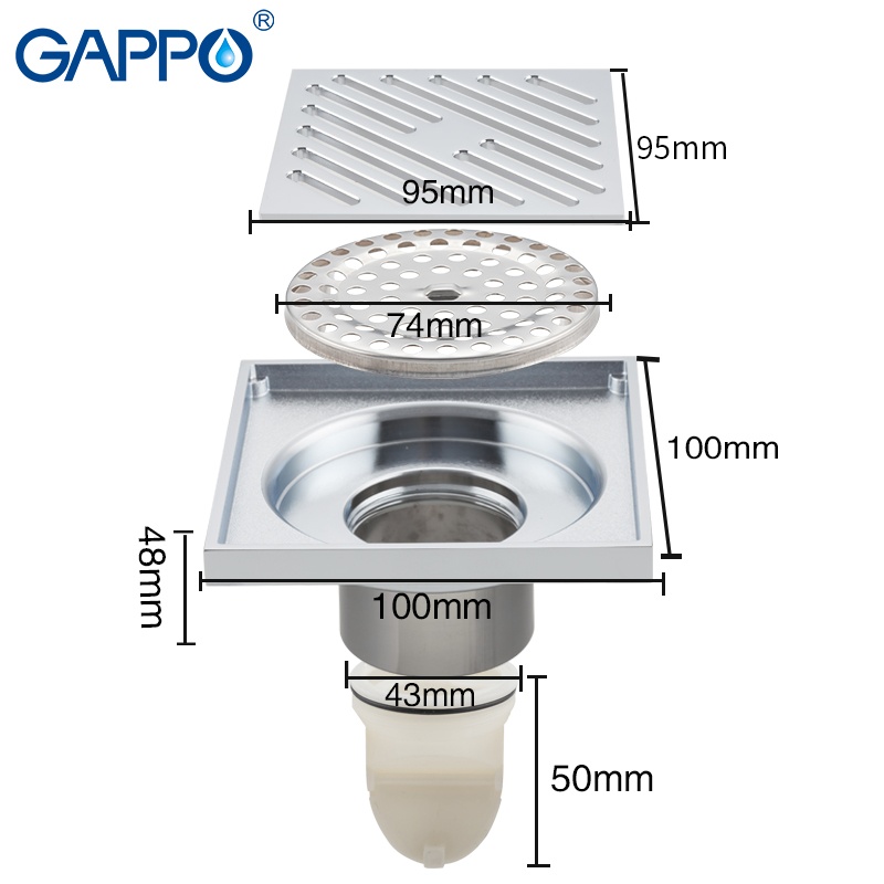 Трап для душу GAPPO 100x100мм із сухим затвором вертикальний випуск хром G81050