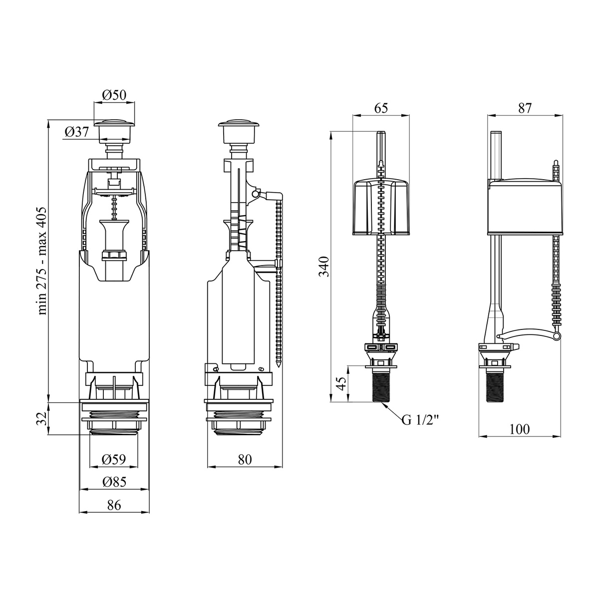 Комплект арматури для бачка унітаза KRONER KRP-KIT6857 підключення 1/2" нижнє підведення води CV032084