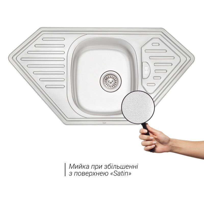 Раковина на кухню металлическая угловая Q-TAP 500мм x 950мм матовая 0.8мм с сифоном QT9550SAT08