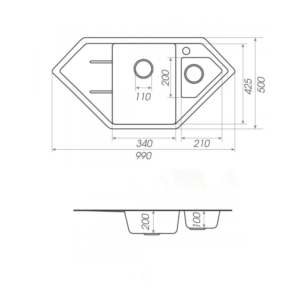 Мойка для кухни гранитная угловая PLATINUM 9950 PANDORA 990x500x200мм без сифона на полторы чаши черная PLS-A25193