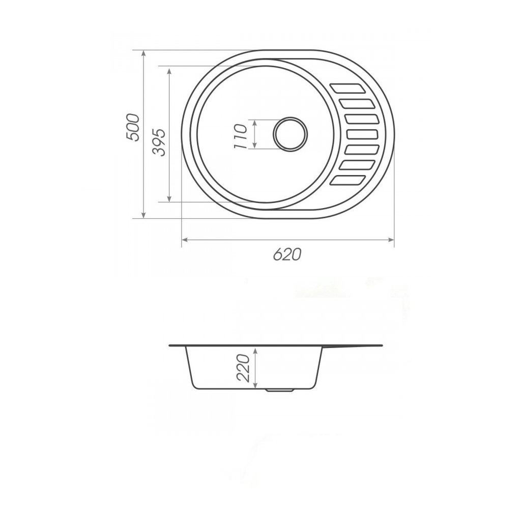 Мойка для кухни гранитная овальная PLATINUM 6250 SOUL 620x500x220мм без сифона серая PLS-A25089
