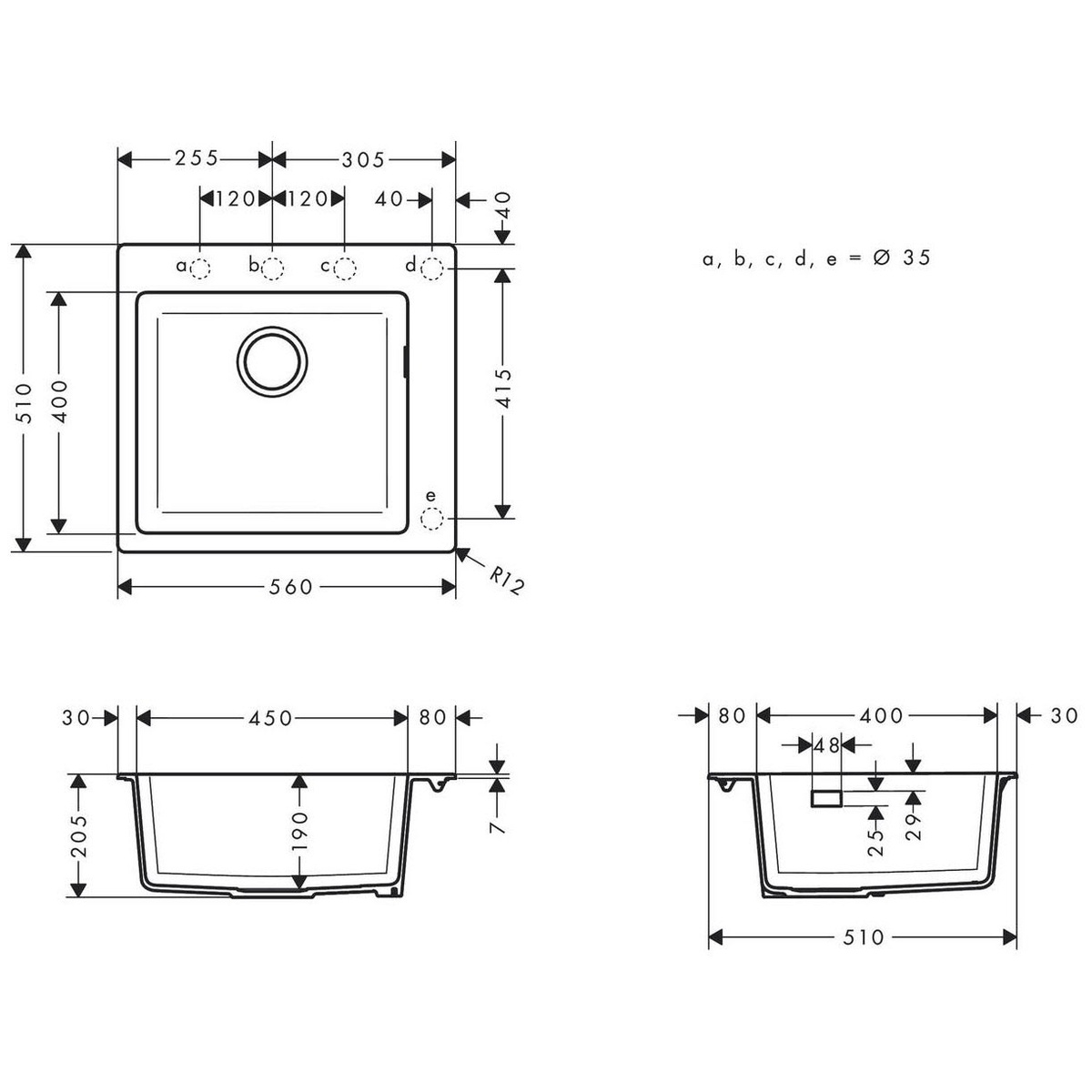 Мойка для кухни гранитная прямоугольная HANSGROHE S510-F450 560x510x205мм без сифона серая 43312380