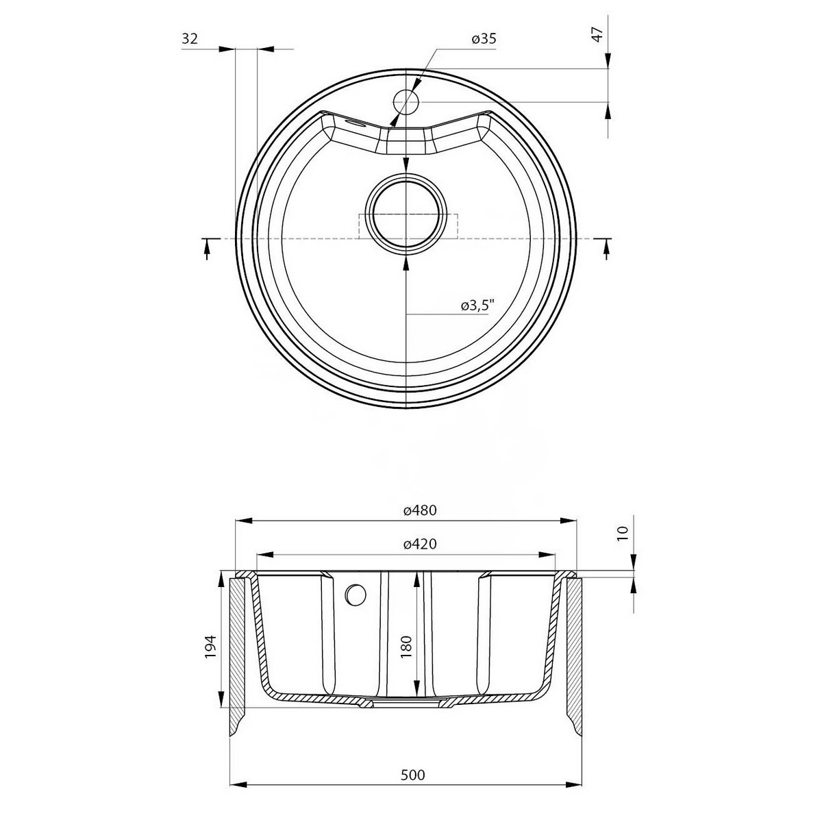 Мойка для кухни гранитная круглая DEANTE Solis 480x480x194мм с сифоном бежевая ZRS_7803