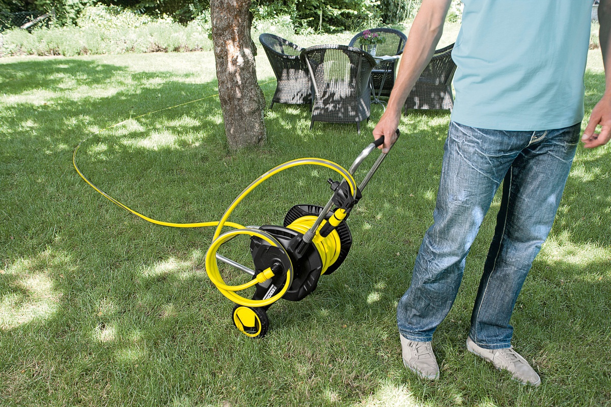 Катушка для шланга для полива KARCHER "HT 4.500", складная, регулировка высоты ручки тележки, длина шланга: 1/2" 50м, 5/8" 35м, 3/4" 23м 2.645-170.0