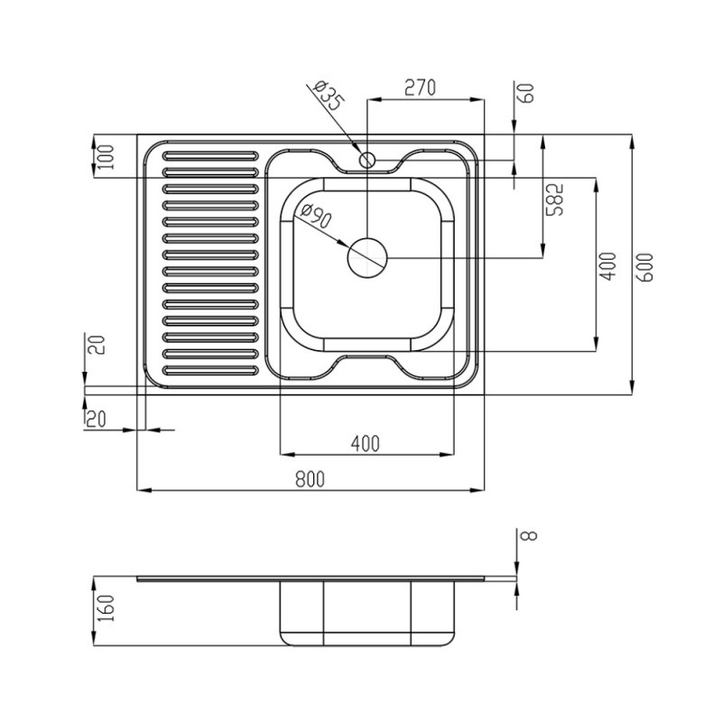 Мойка для кухни из нержавеющей стали прямоугольная накладная KRONER KRP 800x600x160мм глянцевая 0.6мм с сифоном CV022818