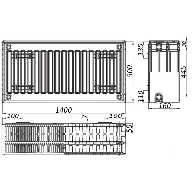 Сталевий панельний радіатор опалення KALITE 500x1400 мм бокове підключення клас 33 000024188