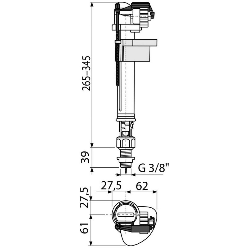 Впускний механізм для бачка унітазу ALCAPLAST підключення 3/8" нижнє підведення води A18-3/8"