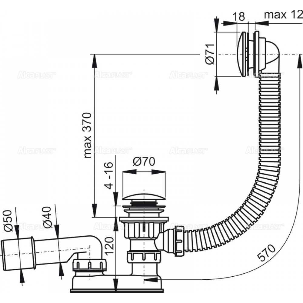 Сифон для ванны ALCAPLAST впуск 70мм Click-Clack хром A504KM