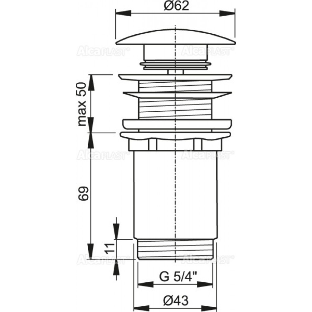 Донный клапан Click-Clack для раковины ALCAPLAST 62мм без перелива латунь 1 1/4" глянцевый хром A395