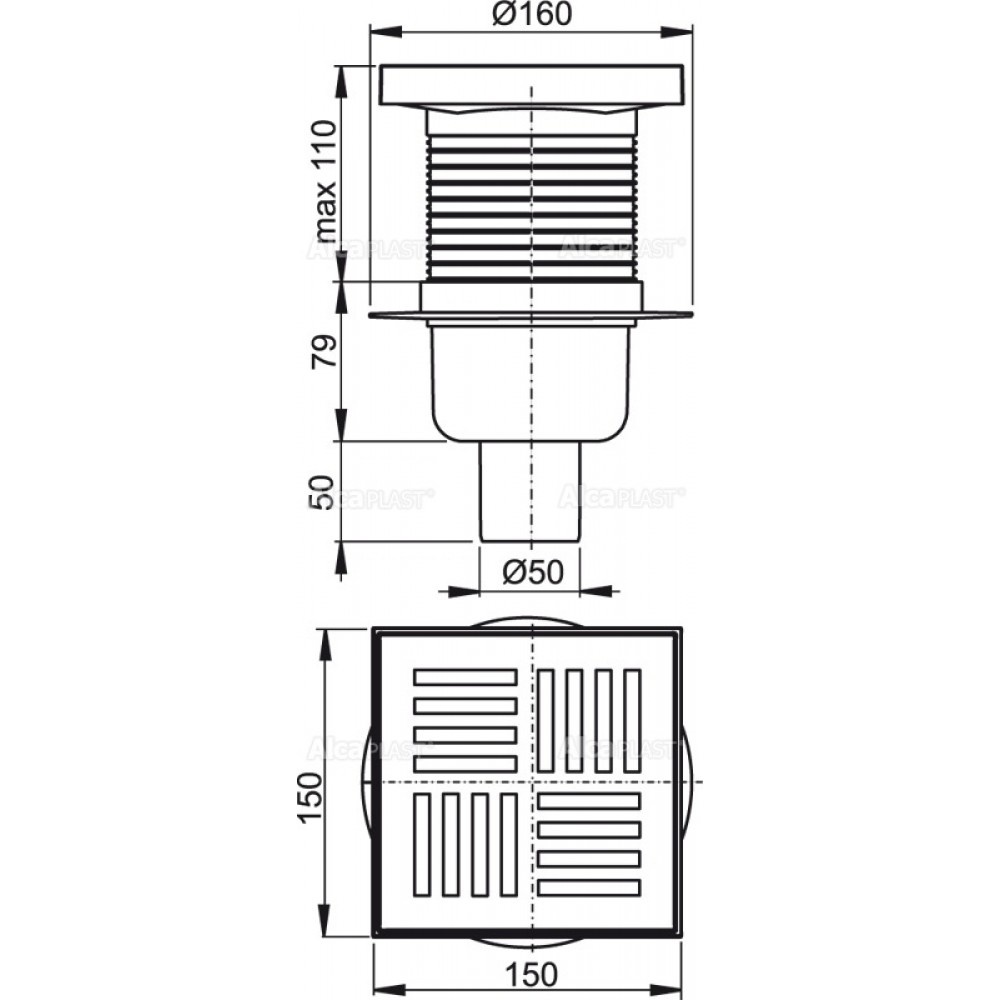 Трап для душу ALCAPLAST 105x105мм вертикальний випуск сірий APV6211