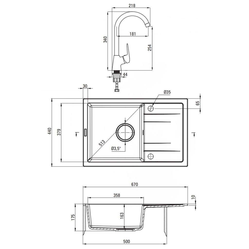 Мойка для кухни гранитная прямоугольная DEANTE Corio&Boro 670x440x175мм с сифоном с комплектом серая ZRCB2113
