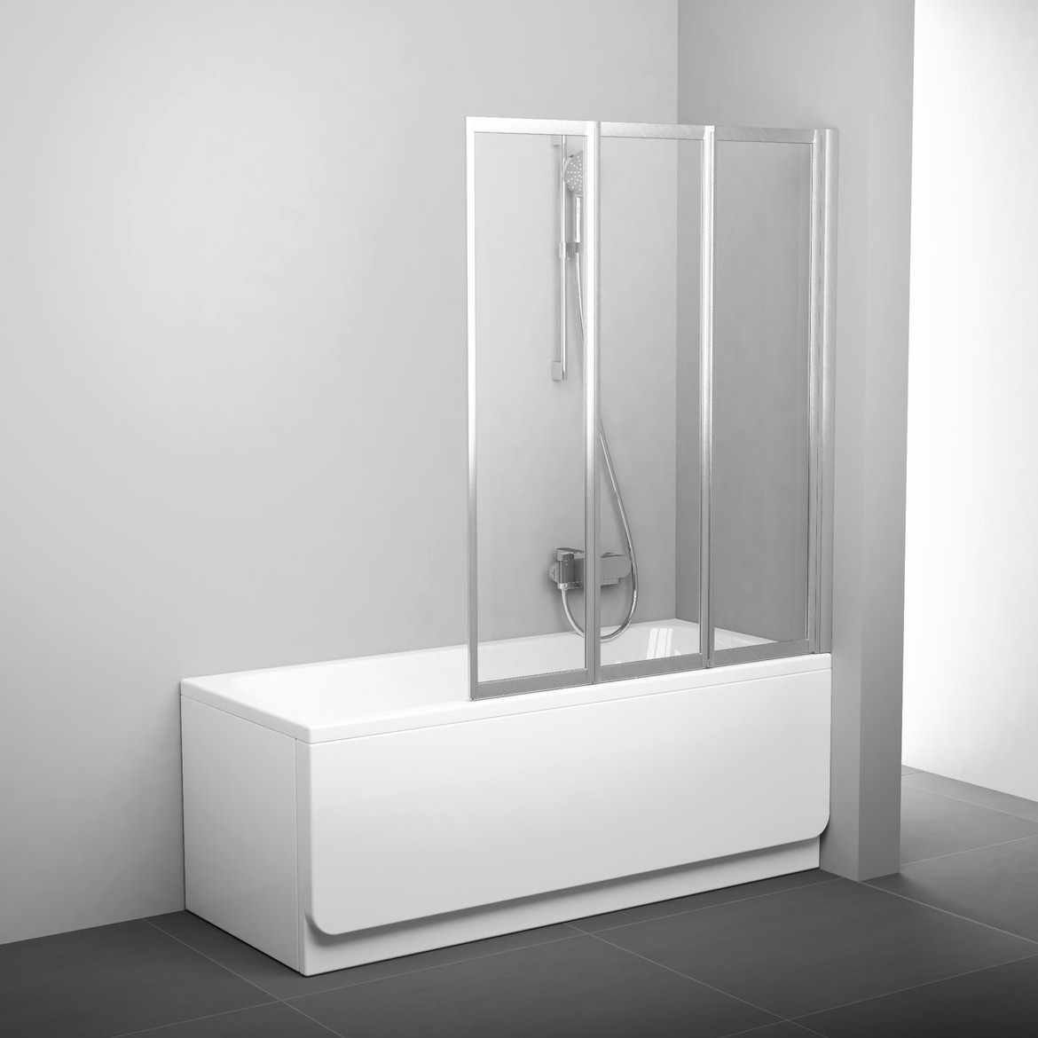 Шторка для ванны стеклянная RAVAK BEHAPPY II VS3 130 универсальная трехсекционная складная 140x130см прозрачная 3мм профиль сатин 795V0U00Z1