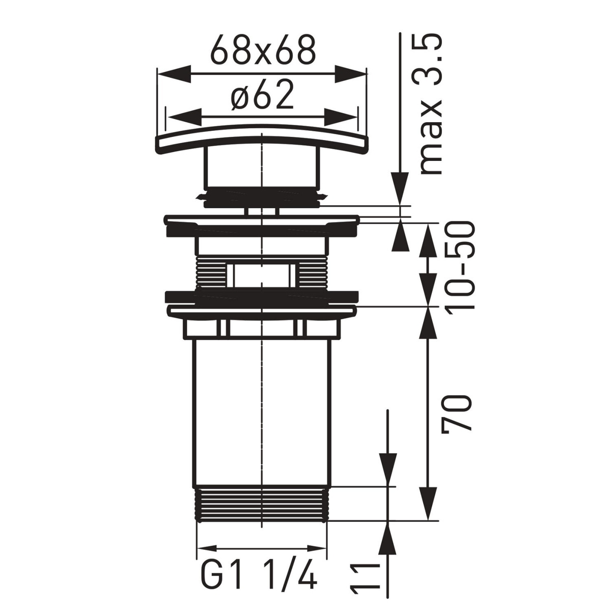 Донний клапан натискний для раковини FERRO Quadro 68мм із переливом латунь прямокутний 1 1/4" глянцевий хром S284