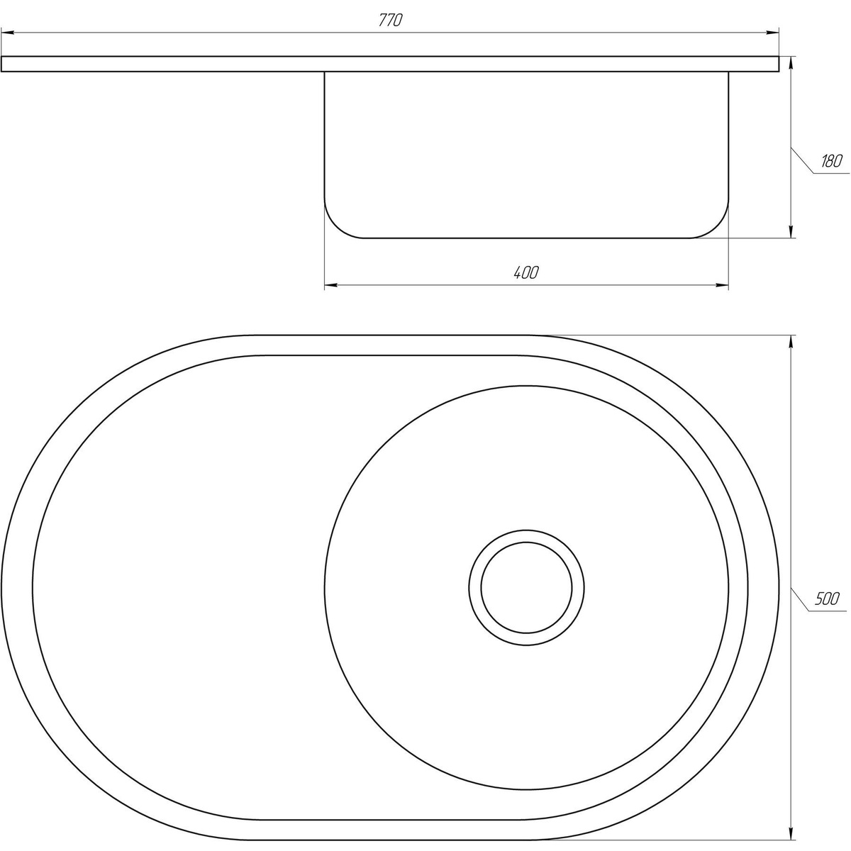 Кухонная мойка нержавейка овальная MIRA 500мм x 770мм матовая 0.6мм с сифоном 000021111