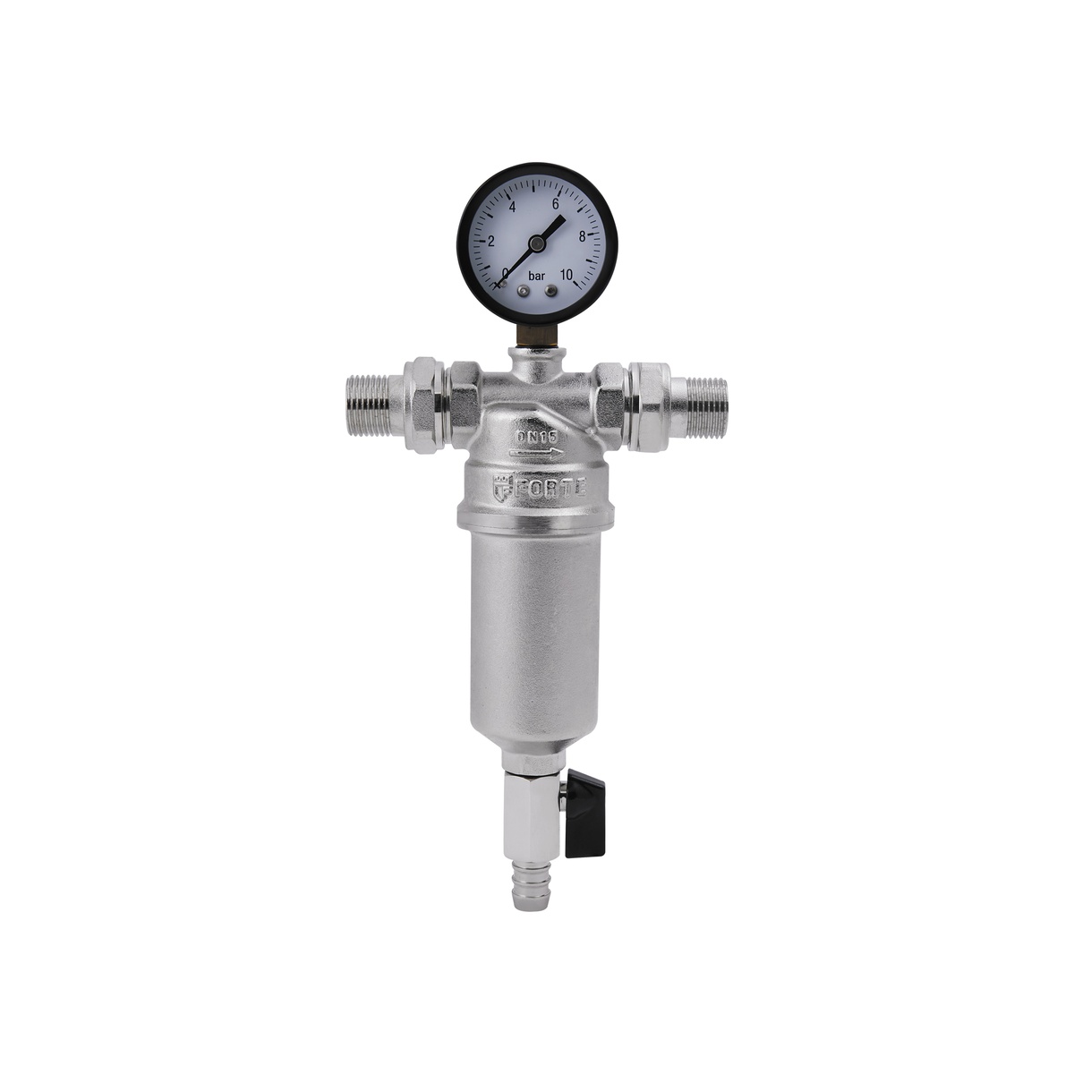 Фильтр самопромывной SANDI FORTE для горячей воды 1/2" 100 мкм с манометром SF127W15