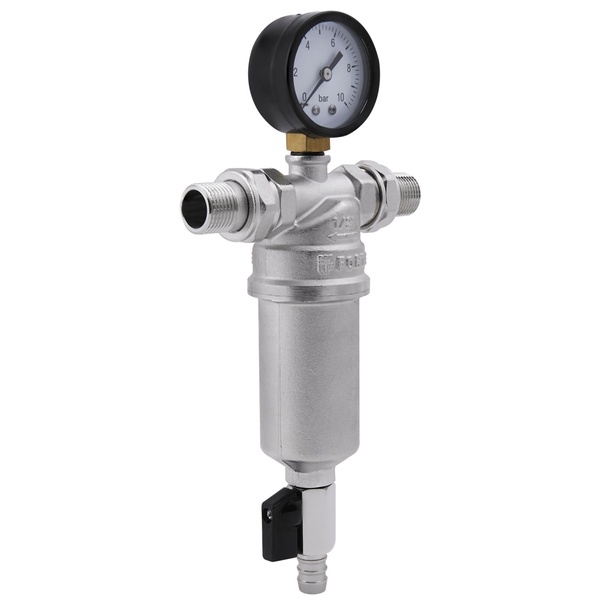 Фильтр самопромывной SANDI FORTE для горячей воды 1/2" 100 мкм с манометром SF127W15