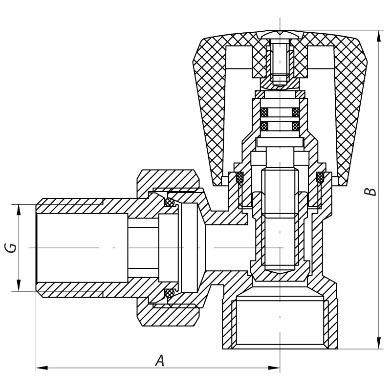Вентиль радиаторный KOER KR.901 угловой 3/4"x3/4" с американкой KR0138