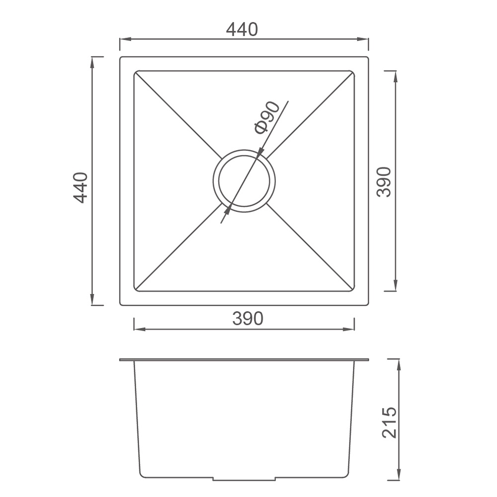 Мийка для кухні із нержавіючої сталі квадратна GAPPO GS4444 440x440x215мм матова 0.8мм із сифоном в комплекті SQ-1045125