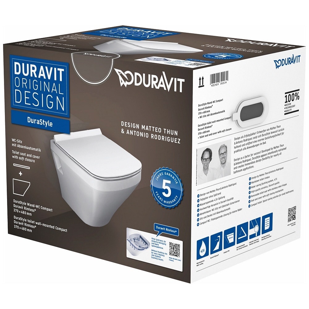 Унітаз підвісний безобідковий білий DURAVIT DuraStyle із сидінням з мікроліфтом 45710900A1