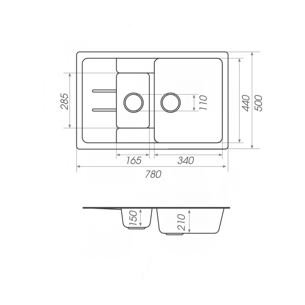 Мийка для кухні гранітна прямокутна PLATINUM 7850W TOSKANA 780x500x210мм без сифону на півтори чаші чорна PLS-A27555
