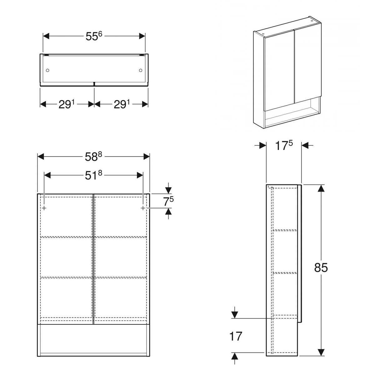 Шкафчик с зеркалом для ванной GEBERIT SELNOVA Square 58.8x85x17.5см с полочкой белый 501.264.00.1