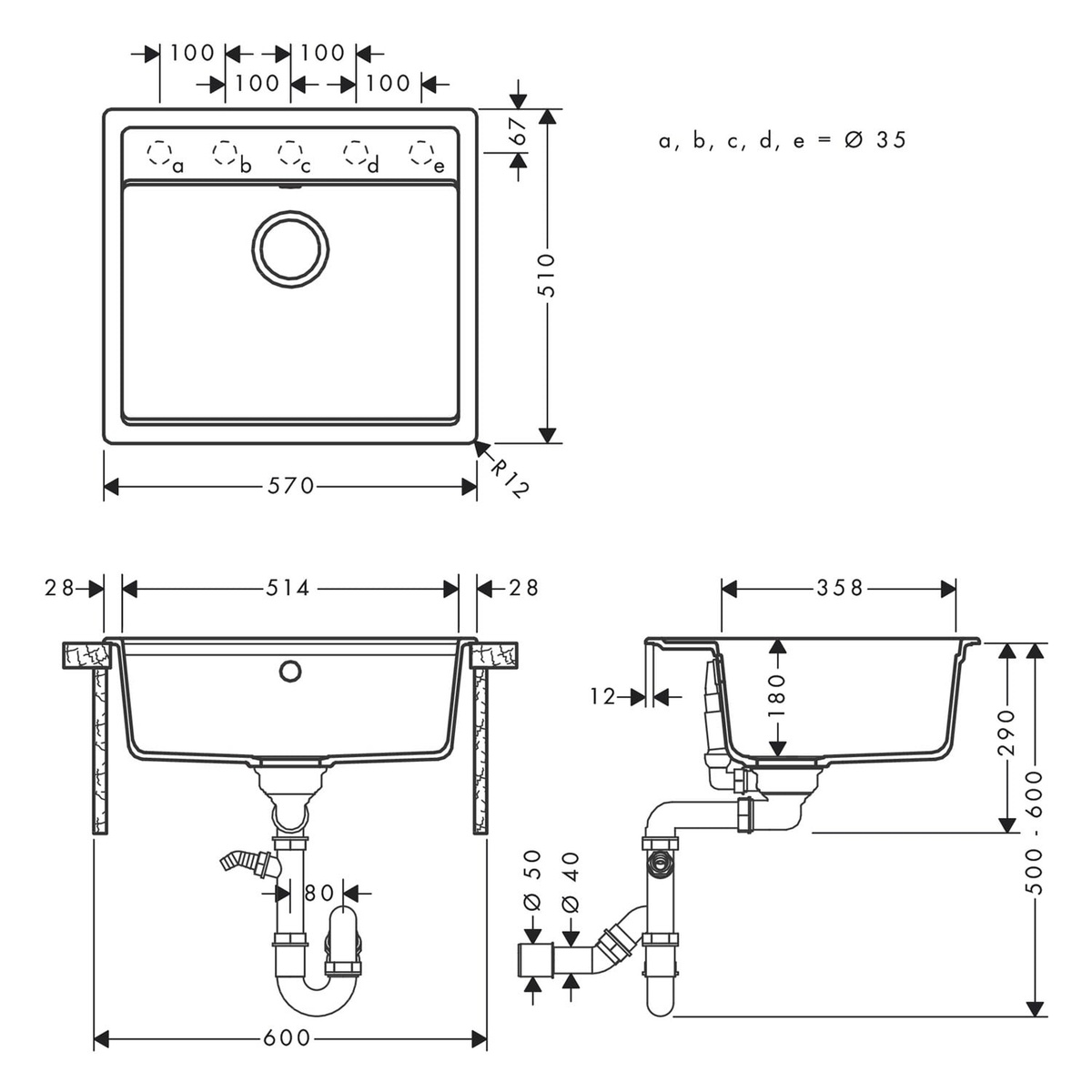 Мийка для кухні гранітна прямокутна HANSGROHE S52 570x510x180мм із сифоном сіра 43359290
