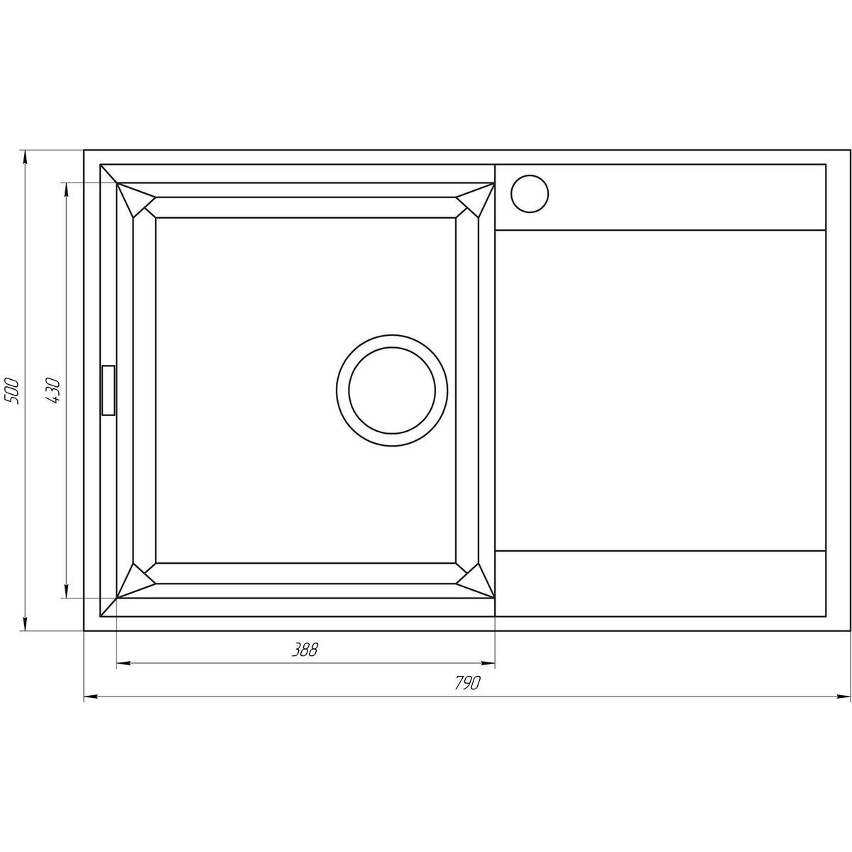 Мойка на кухню керамическая прямоугольная GLOBUS LUX KOMO 500мм x 790мм серый без сифона 000021039