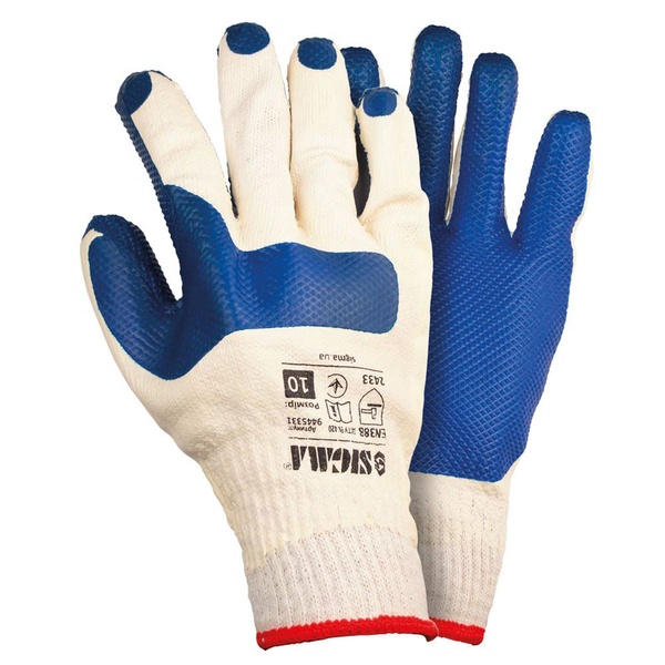 Перчатки трикотажные стекольщика с двойным латексным покрытием усиленные р10 (синий манжет) SIGMA (9445331)