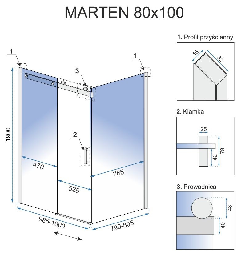 Кабина для душа прямоугольная угловая без поддона REA MARTEN 80x100x190см прозрачное стекло 6мм профиль хром REA-K4000