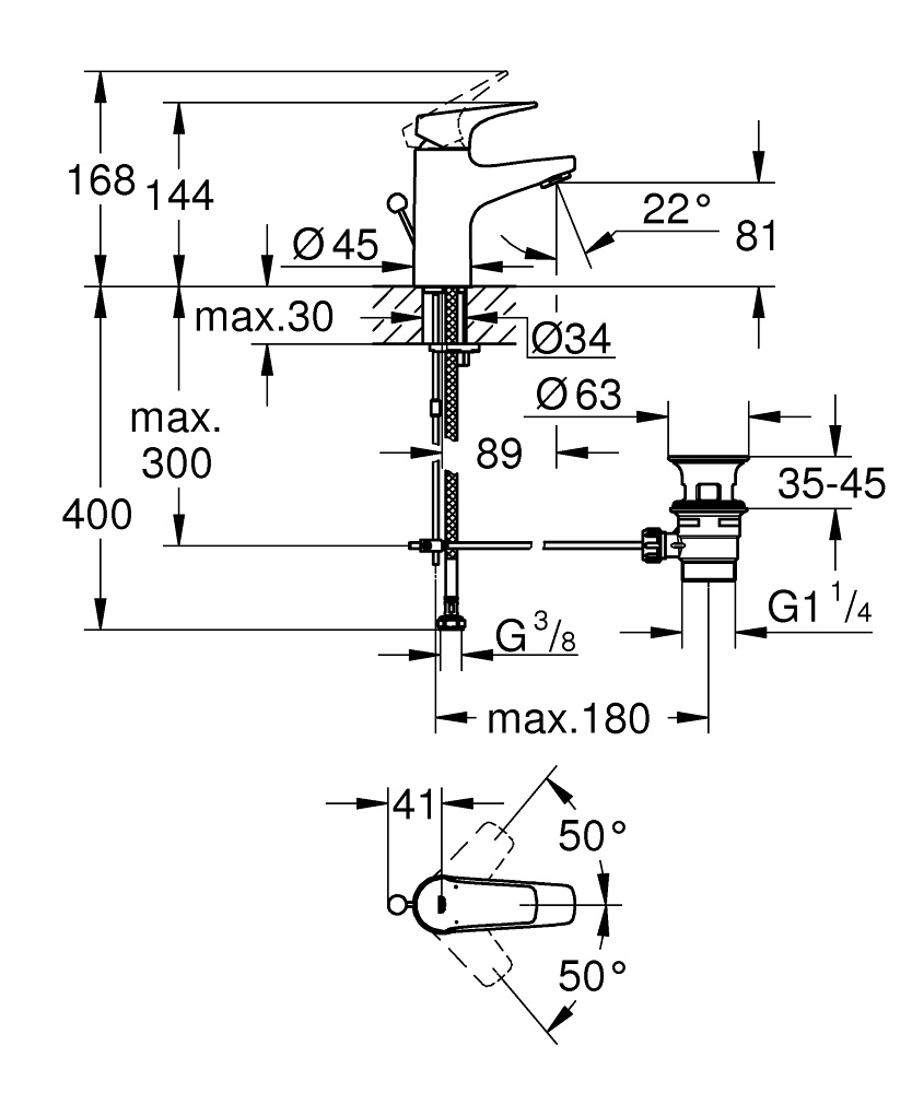 Змішувач для умивальника одноважільний GROHE Start Flow хром латунь з донним клапаном 23809000