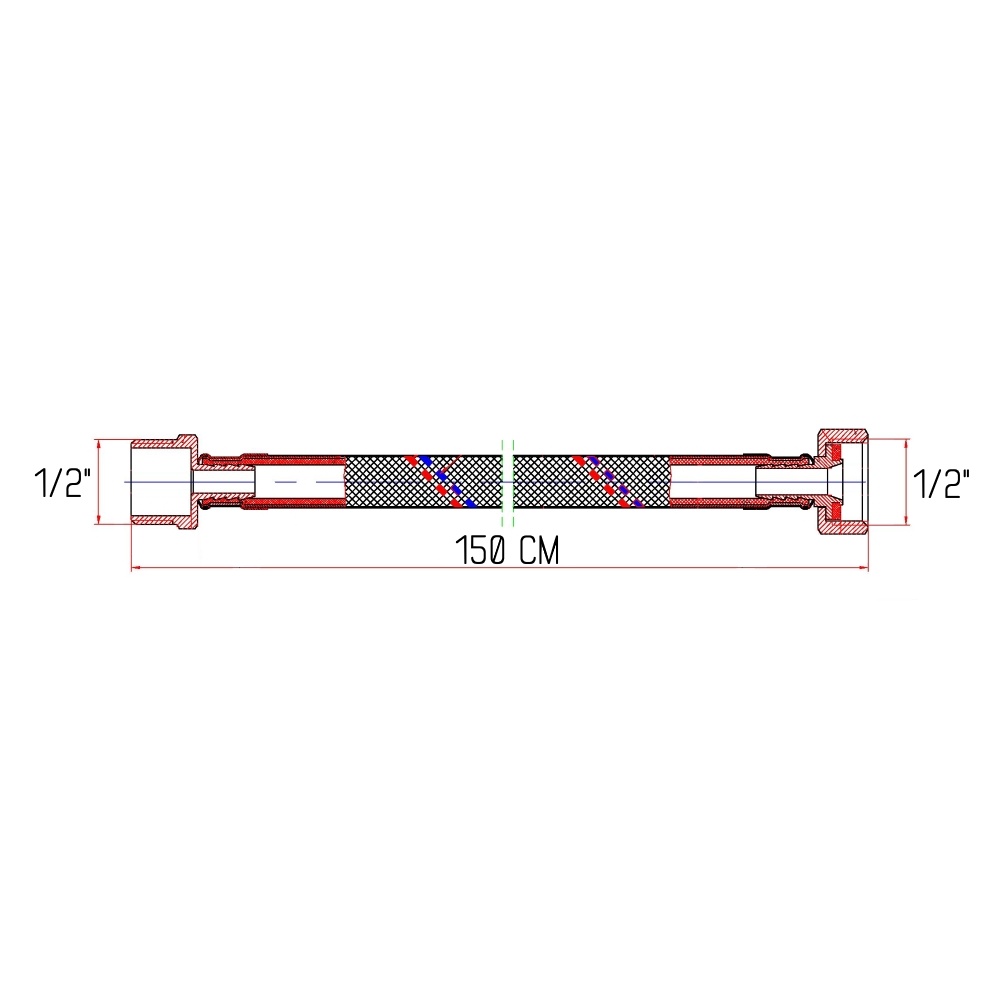 Шланг водопроводный для подключения SANDI FORTE нр-вн 1/2"x1/2" 150 см нержавеющая оплетка с силиконом SF382W150