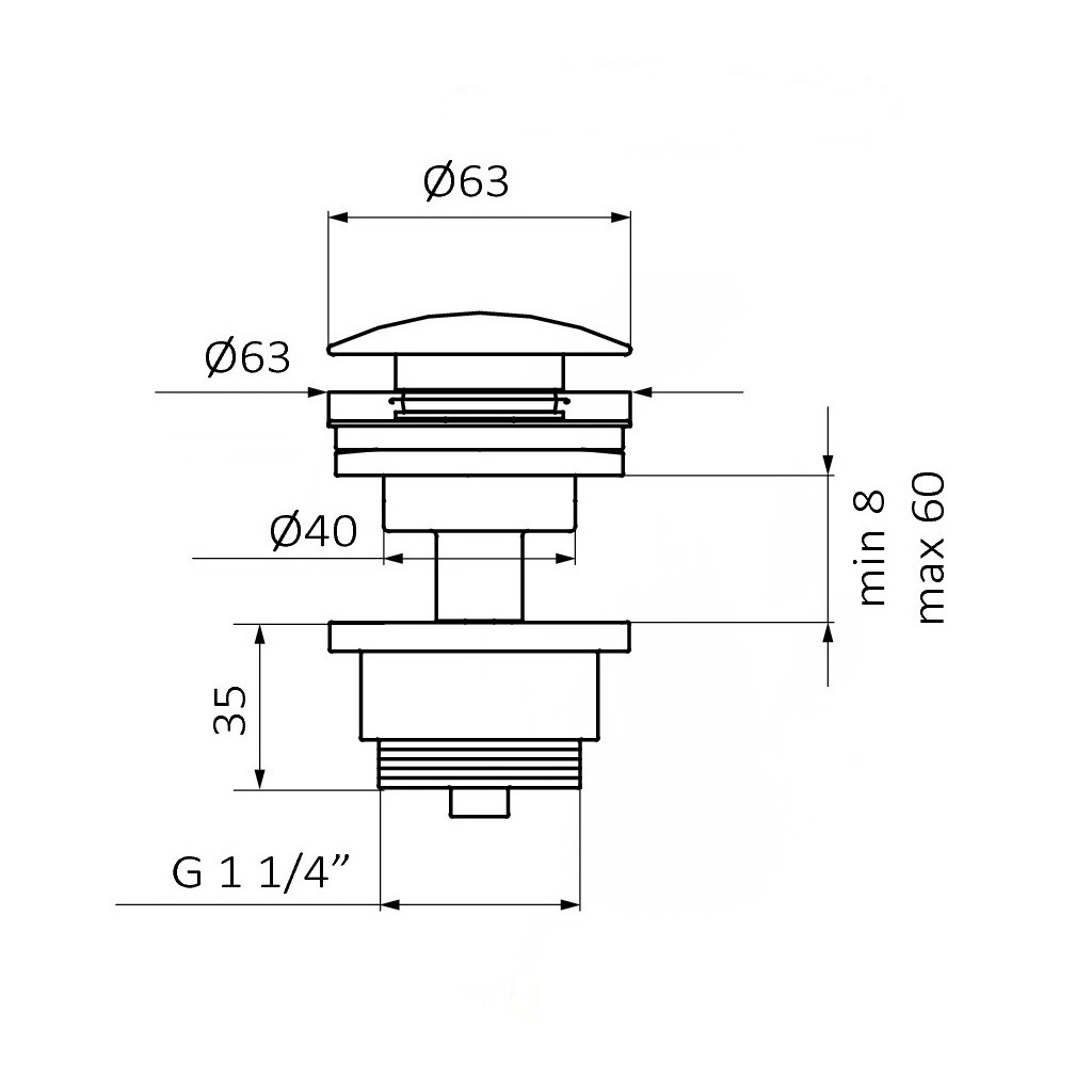 Донный клапан Click-Clack для раковины GRB Hydro 63мм без перелива металл 1 1/4" матовый сатин 05055013