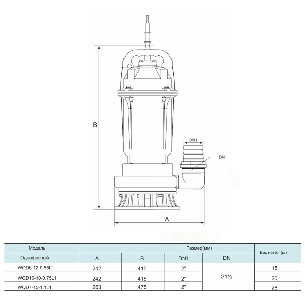 Насос занурювальний дренажний SHIMGE відцентровий 550Вт Hmax 14м 16м³/ч для брудної води WQD6-12-0.55L3(F)