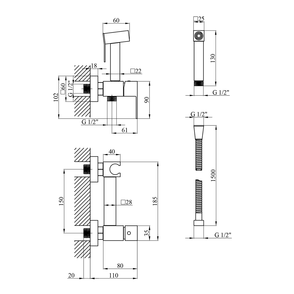 Cмеситель для гигиенического душа KRONER настенного монтажа однорычажный хром нержавеющая сталь CV031896