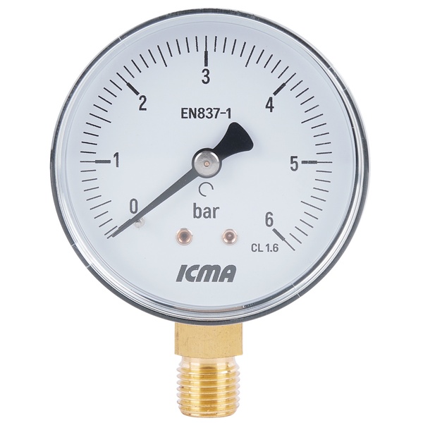 Манометр для тиску води ICMA 244 на 6 бар з нижнім підключенням 1/4" корпус Ø63 мм 91244AB06
