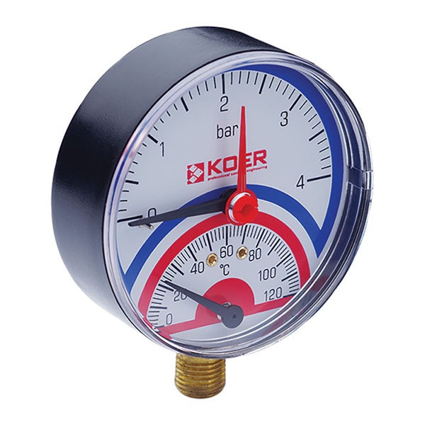 Термоманометр KOER KM.801R на 4 бар з нижнім підключенням 1/2" корпус Ø80 мм 120°C KR0217