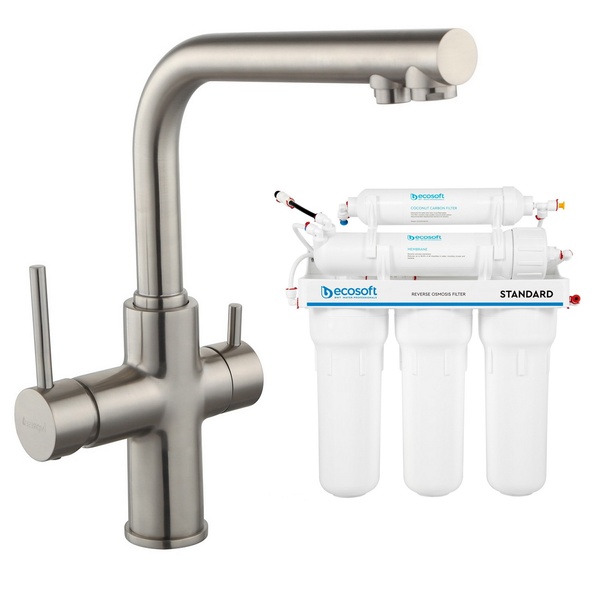 Набір змішувач для кухні одноважільний з краном для фільтрованої води та 5-ступінчаста система очищення води Ecosoft Standart IMPRESE DAICY сатин латунь 55009S-F+MO550ECOSTD