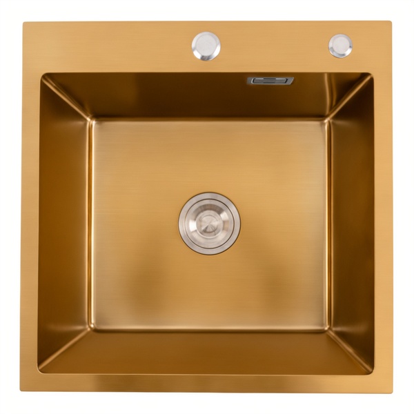 Мойка для кухни из нержавеющей стали квадратная PLATINUM Handmade HSBB 500x500x220мм глянцевая 1мм золото с сифоном PLS-A35638