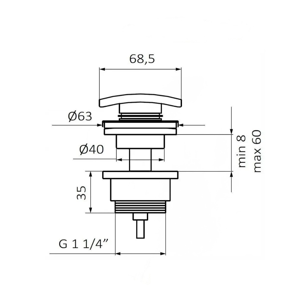 Донный клапан Click-Clack для раковины GRB Hydro 68.5мм без перелива металл прямоугольный 1 1/4" матовый черный 05055022