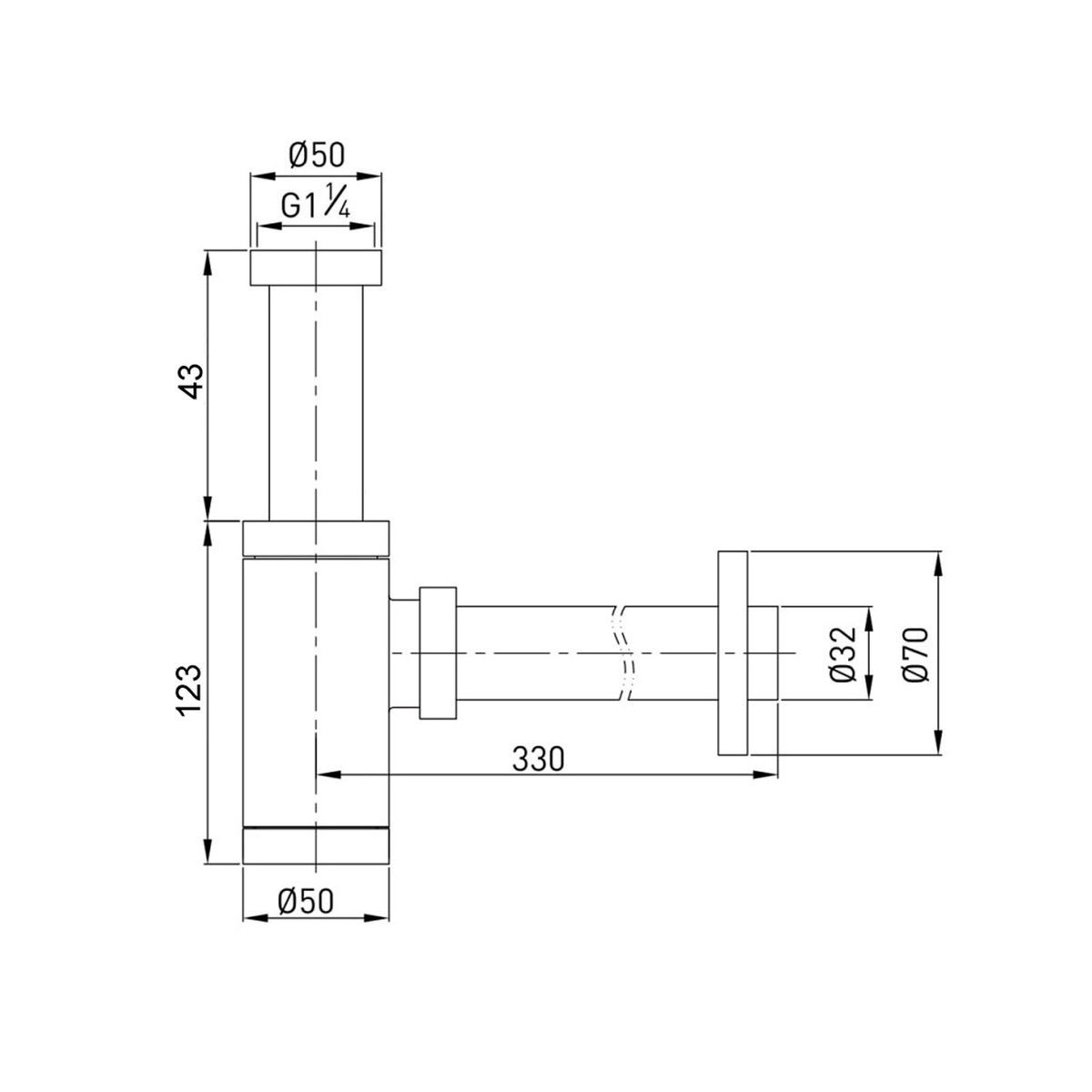 Сифон для умывальника GLOBUS LUX GSB-32-125-BB колбовый латунь впуск 1 1/4" выпуск горизонтальный черный 000027619