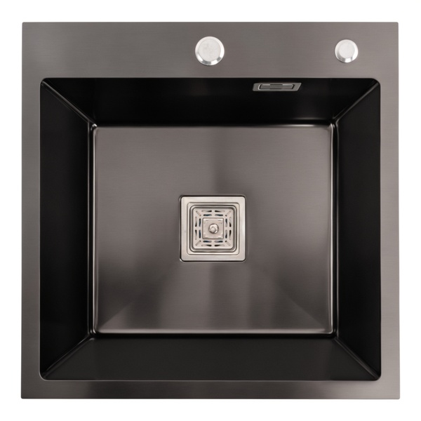 Мийка для кухні із нержавіючої сталі квадратна PLATINUM Handmade HSBB 500x500x220мм глянцева 1мм чорна із сифоном PLS-A36115