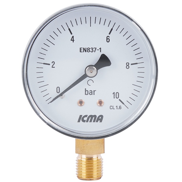Манометр для тиску води ICMA 244 на 10 бар з нижнім підключенням 1/4" корпус Ø63 мм 91244AB10