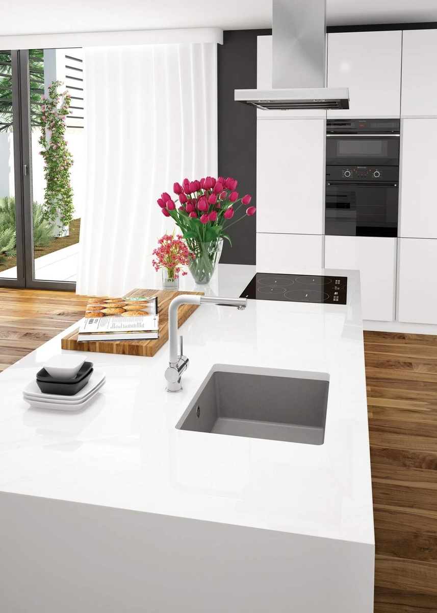 Мийка для кухні гранітна прямокутна DEANTE Corda 550x460x204мм врізна під стільницю із сифоном сіра ZQA_S10C