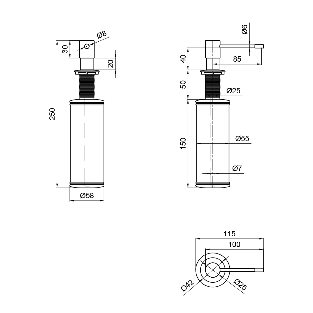 Дозатор врізний для кухонної мийки LIDZ LIDZCRM1120200010 на 300мл із нержавіючої сталі сатин