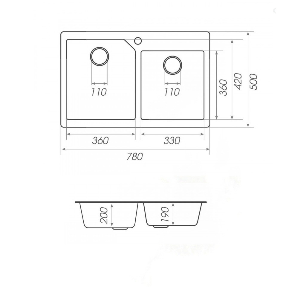 Мийка для кухні гранітна прямокутна PLATINUM 7850 HARMONY 780x500x200мм без сифону на дві чаші бежева PLS-A26543