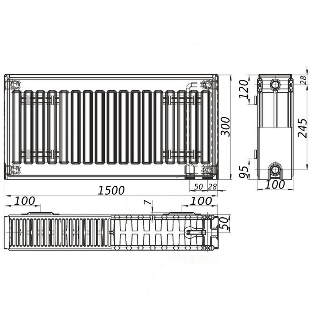 Сталевий панельний радіатор опалення KALITE 300x1500 мм нижнє підключення клас 22 000022637