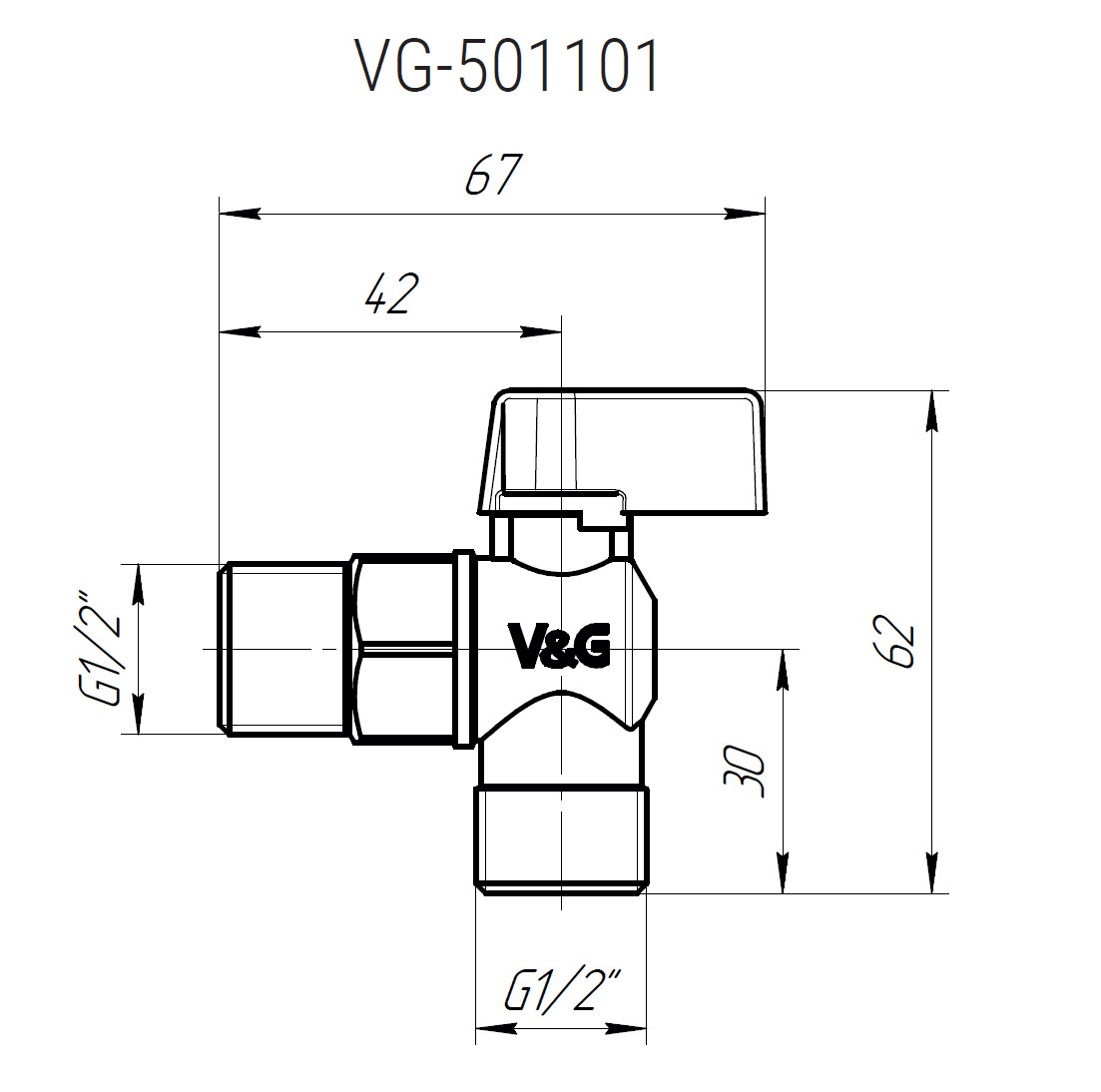 Кран шаровой бытовой V&G VALOGIN угловой 1/2" нр-нр SQ-1045318