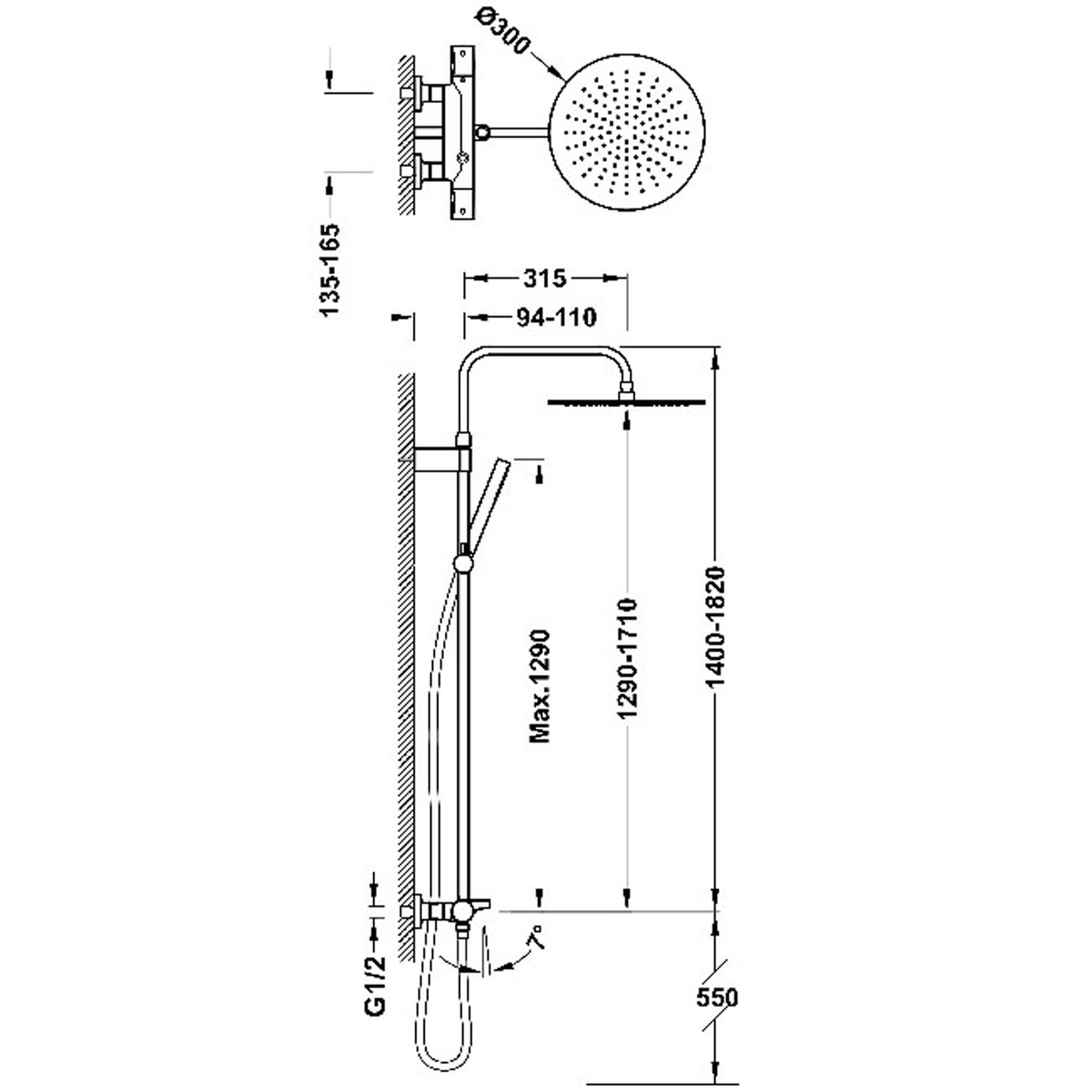 Душова система із термостатом TRES OWER-WALL із верхнім душем та виливом латунна біла 19031202BM