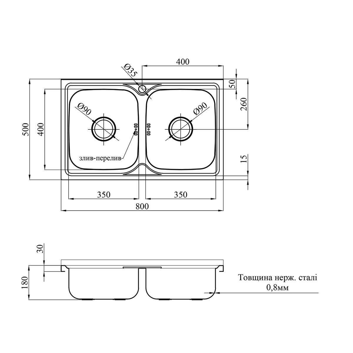 Мойка для кухни из нержавеющей стали прямоугольная KRONER KRP Satin-5080Z 800x500x180мм матовая 0.8мм на две чаши с сифоном CV022822