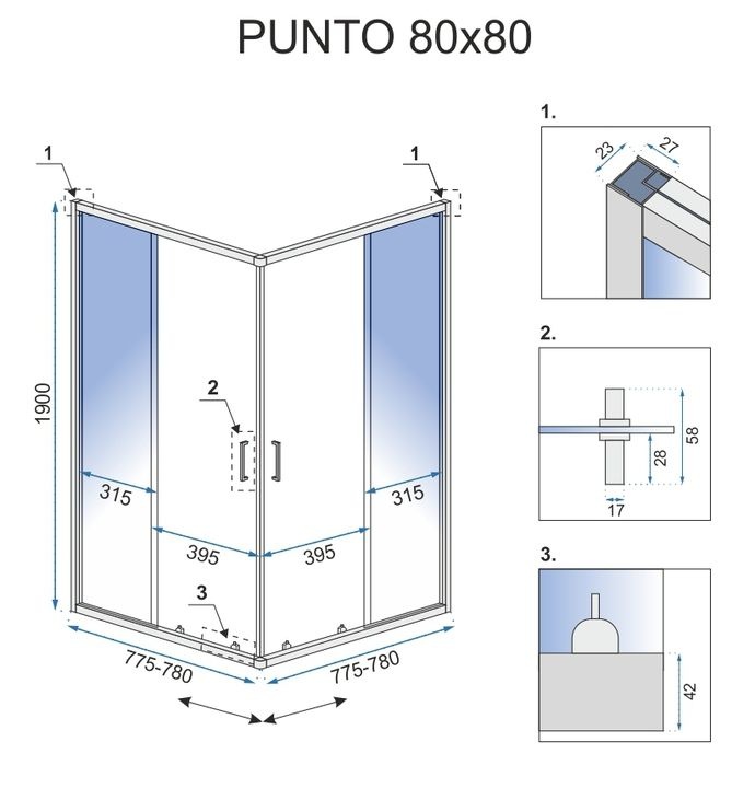 Кабина для душа квадратная угловая двухдверная без поддона REA PUNTO 80x80x190см прозрачное стекло 5мм профиль хром REA-K0863